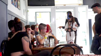 Slave sucks and rims man in public bar