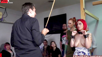 Bound redhead Margout Darko shocked by Silvia Rubi and Steve Holmes in public outdoor