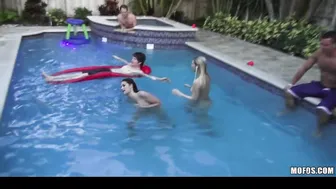 2 slutty slender dipping girlfriends start sex party at a pool party