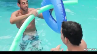 2 young slutty girlfriends start an outside group sex at pool party