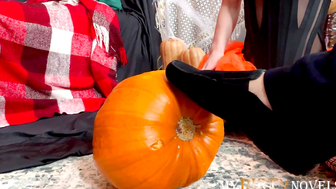 Halloween 3Some and cum on pumpkin