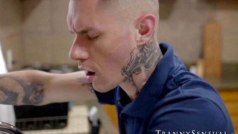Dominant transsexual Emma Rose topped hung stud Zac Bishop in different positions