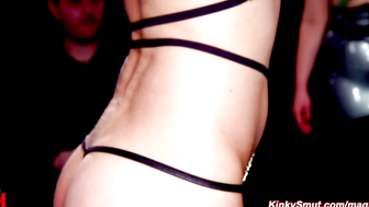 Ebony and redhead trained at BDSM party