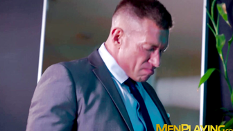 Suited Mark Vallant serves sloppy blowjob in an ass fucking with Bruce Beckham