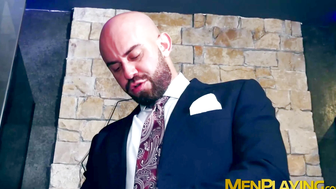 Bound Allen King rides the dick of suited Bruno Max after taking a bath