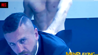 Suited Emir Boscatto sucked dicked and ass fucked by hottie Kayden Gray