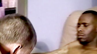 Interracial blowjob from three hunky guys
