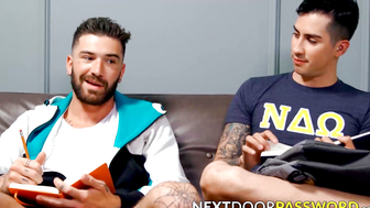 Tattooed Kian Kane spreads his legs to give the big dick of Chris Damned an easy poun