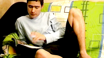 Young Marivelli hops on the couch and starts his smoking and jerking session