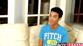 Interviewed twink tugs on his cock until he cums thick loads