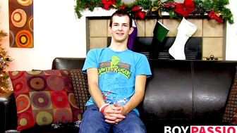 Young twink with huge cock masturbates after an interview
