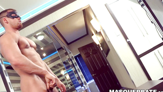 Masked muscular hunk masturbates his big long cock