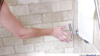 Busty stepsis having a shower fuck