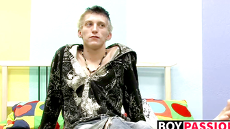 Skinny teenager Ian jerks off his big cock after interview