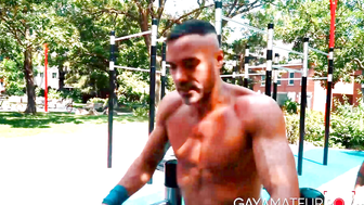 Gymnast Tan Blitz gets lessons from professional acrobat Manuel Skye during their ass