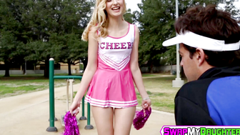 Slutty teen cheerleader bouncing on hard older cock