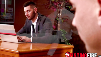 Sexy new employee Teddy Bryce bends over his boss desk to offer his hole