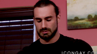 Bearded gay masseur makes his customer suck his big cock