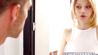 Petite Euro girl Molly Devon spreads her legs for a massive cock