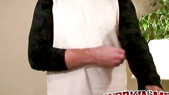 Hot jock masturbates his cock and sprays cum after interview