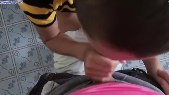 Sex into outside bathroom with cumshot