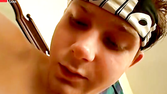 Horny Billy jerks big cock and blasts cum in the mirror