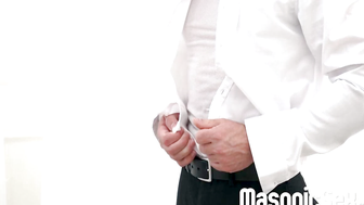 Master Felix Kamp slides his toy inside Jack Waters while stroking his dick fast