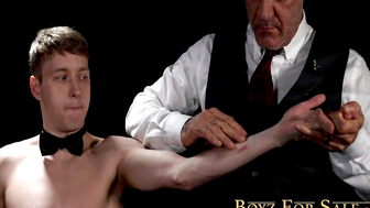 Blonde twink Noah White spreads legs in a hardcore threeway ass fucking with horny st