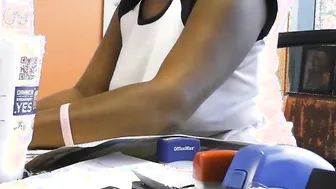 Ebony boss lady shows melons to employee
