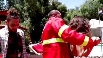 Firefighters dp fucks babe in bondage