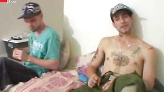 Tattooed young men drilling natural tits blonde hardcore