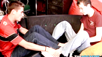 Mutual foot loving session with hotties Ryan and Shane Allen before a shared jack off