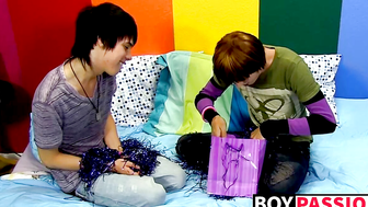 Young gays play with body paint before rough anal pounding