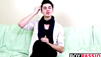 Interview leads to twink masturbating and using a big dildo