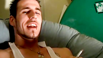 Low hangin nuts Chain beats his nice cock while chainsmokin