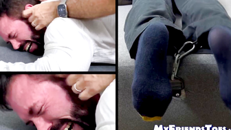 Bearded Joey was tied faced down and  screamed in tickling  by a master