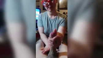 Geek hand job glasses edging cum shot