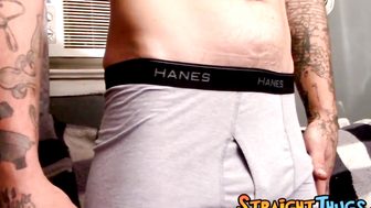 Tattooed straight thug struggles while jerking off his dick