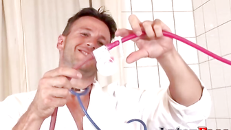 A doctor bangs her patient with a medical equipment
