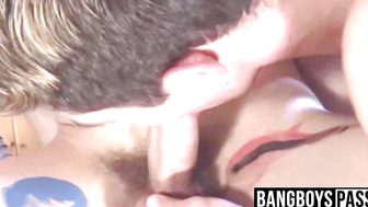 Bareback threesome with feet and toe licking ends with cum
