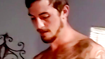 Inked marine blown by mature homo during stroking session