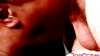 Black dude gives blowjob to chubby's big boner