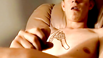 Dirty blond showsoff his furry bush and working his dick up
