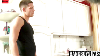 Horny twink lovers barebacking hardcore in the kitchen