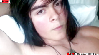 Horny goth twink whips out his cock for hot masturbation