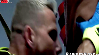 Slutty bottom Archer Croft is dildo fucked and barebacked by hung Jordan Starr