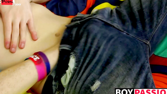 Enticing man spreads his fat cheeks for big purple dildo