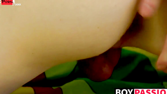 Enticing man spreads his fat cheeks for big purple dildo