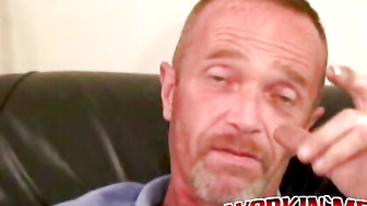 Interviewed porn video – Mature amateur man strokes his small hairy cock and cums