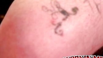 Bearded tattooed mature guy jerks off and cums on himself